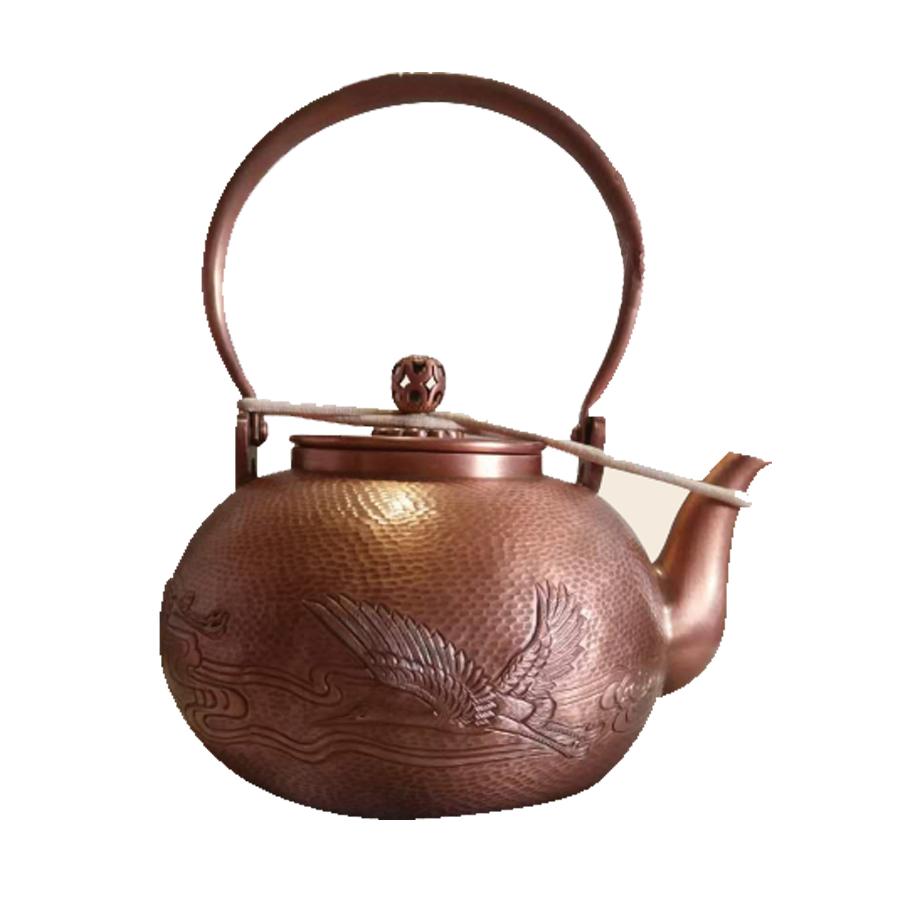 紫铜锻錾仙鹤茶壶